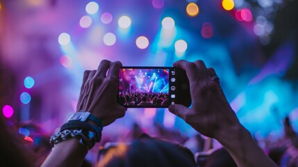 A person standing in a concert crowd, using a cell phone to capture a moment of the performance.