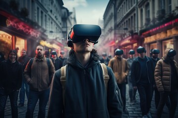 Dependence of people on the virtual world and entertainment. A lot of people on the street in virtual reality glasses. Digitalization of society as a modern disease of the mind.
