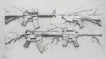 A black and white image of three rifles.