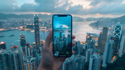 A photorealistic phone mockup held in a hand with a city skyline in the background