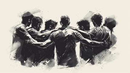 A black and white sketch of a group of seven people embracing.