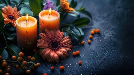 Flowers & Candles for Soul's Day on Dark Black Gradient Background