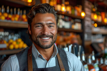 Fototapeta premium Bartender in the bar smiling. Advetisement design, banner, small buisness concept.