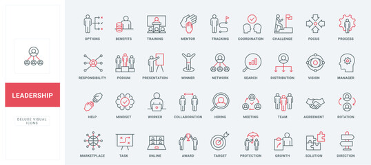 Leadership and business leaders options line icons set. Career challenge and partnership, team structure and network, managers work organization thin black and red outline symbols vector illustration