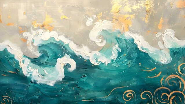 Ocean Waves Painting with Teal Gold Swirls: A Whimsical Illustration for a Children's Book. Concept Whimsical Illustration, Children's Book, Ocean Waves, Teal Gold Swirls, Painting