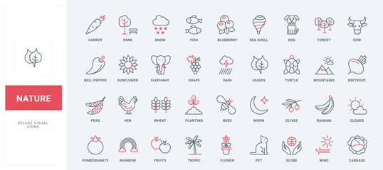 Save nature and ecology, environment and weather line icons set. Cultivation of plants and wheat crop, protection of animals and insects thin black and red outline symbols vector illustration