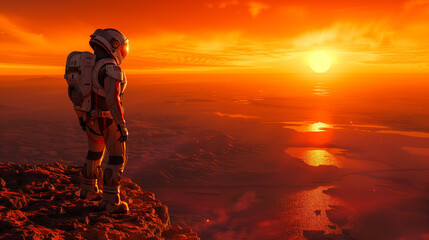 An astronaut is standing on a mountain and looking at the river of an exoplanet. Generative AI