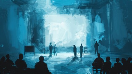 A blueish painting of a theatre with a bright stage and dark audience.