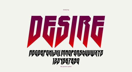 Sharp and bold italic vector display font for logo, gothic or heavy metal style modern typeface, edgy hard rock letters and numbers alphabet for titles or slogans, heavy typography.