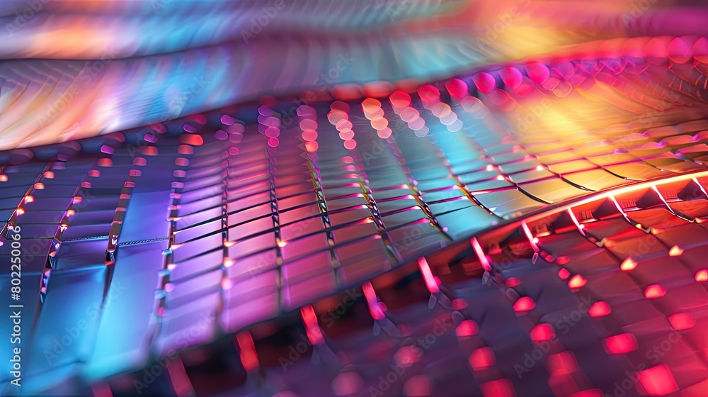 Poster close-up of a circuit board with multi-colored lights reflecting off of its surface.