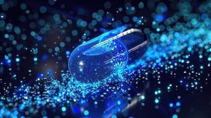 A glowing blue pill on a reflective surface with a dark blue background.