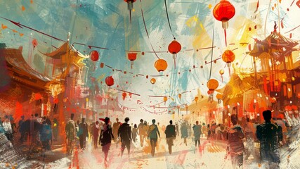 A busy street market in a Chinese city with people walking around and red lanterns hanging overhead