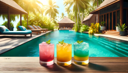 Fototapeta na wymiar Three cocktail drinks of different colors, sitting on a wood table, with a luxurious tropical background.