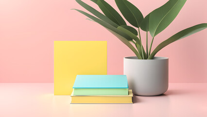 A stack of books and a potted plant sit on a table