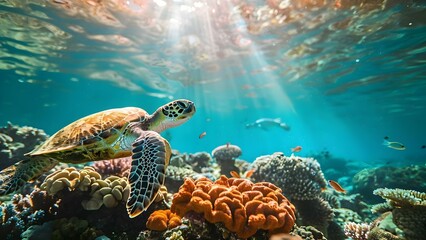 Fototapeta premium Sea turtle elegantly glides through colorful coral reef with sunlight streaming down. Concept Underwater Photography, Marine Life, Sunlight, Coral Reef, Sea Turtle