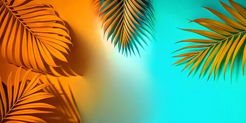 palm leaves with shadows on orange-turquoise background