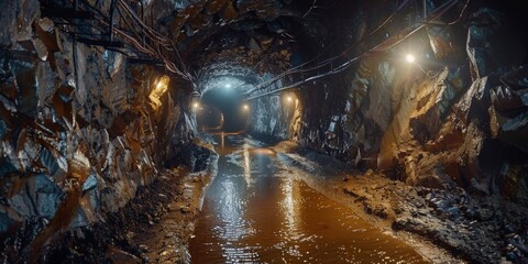 Underground tunnel for mining. Underground ore tunnel of a gold mine. Generative AI