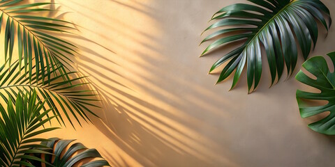 palm leaves with shadows ,sunset background