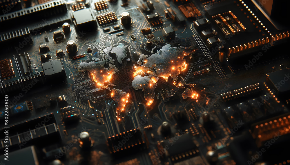 Poster a circuit board with an artistic representation of a world map, where the continents are highlighted
