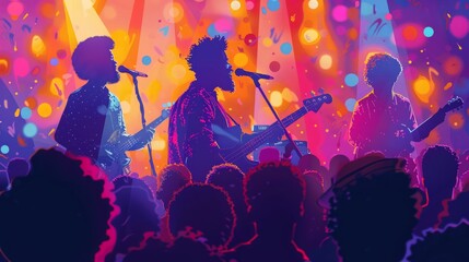 Obraz premium A colorful illustration of a live band performing on stage with a crowd of people in front of them.
