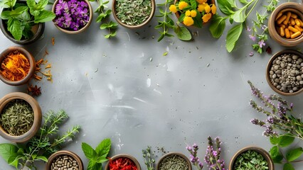 Flat lay of natural remedies and medicinal plants for holistic health care. Concept Holistic Health, Natural Remedies, Medicinal Plants, Flat Lay Photography - obrazy, fototapety, plakaty