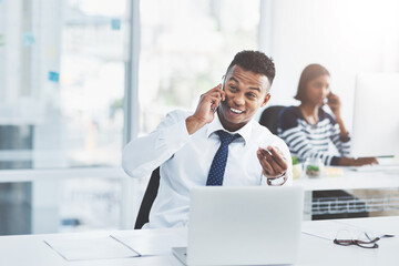 Business man, phone call and funny joke in coworking office with web design networking and conversation. Happy, desk and startup with digital designer work and communication with tech at workplace