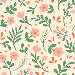 Cute floral vector seamless pattern. Delicate bakcground with hand-drawn flowers and leaves. Colorful botanical illustrationw with abstract elements.