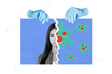 Creative abstract collage template graphics image of serious lady avoiding corona virus infection...