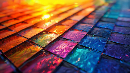 Abstract artistic interpretation of solar cells, bright colors symbolizing the photovoltaic effect