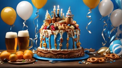 "Artistic image depicting a cheerful birthday cake with an Oktoberfest theme. The cake is decorated with brown and white icing, edible beer glasses, and pretzels, surrounded by blue and white balloons