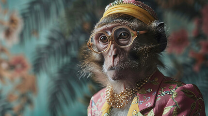 A monkey wearing a suit and glasses is sitting in front of a tropical-themed background. The monkey is looking at the camera with a serious expression