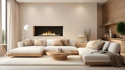 "Artistic image depicting a contemporary living area with a beige sofa, warm wooden furnishings, and a white stone fireplace. The scene should have a modern and artistic interpretation, blending eleme