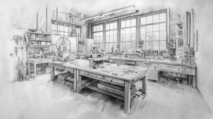A detailed pencil drawing of a large workshop. There are several workbenches, tools, and supplies in the shop. The large windows let in plenty of light.