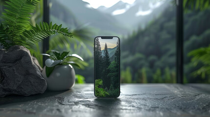 A smartphone mockup with a wallpaper featuring a minimalist, nature-inspired design