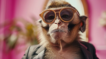 A monkey wearing sunglasses is looking at the camera with a serious expression. The monkey is wearing a suit and has a briefcase in its hand. The background is pink