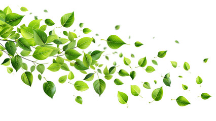 Flying green leaves with wind isolated on white, floating green leaves png.