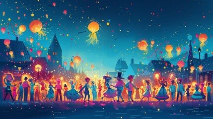 Fototapeta na wymiar A digital painting of a colorful festival with people dancing and celebrating in a street with fireworks in the sky.