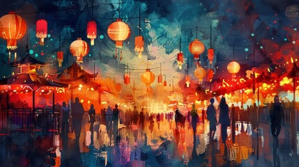 A digital painting of a crowded street market at night. The market is lit by colorful lanterns and the people are all wearing traditional Chinese clothing.