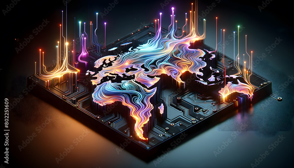 Poster a circuit board with an artistic representation of a world map, where the continents are highlighted