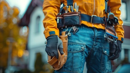Maintenance worker with bag and tools kit wearing on waist