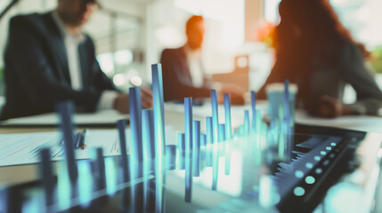 Professional business team working on a project together in the office Using economic growth charts and network connections to accompany the data. in analyzing future trends