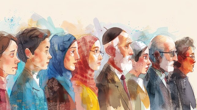 A diverse group of people of different ethnicities and religions stand together in solidarity.