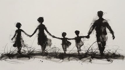 A family of five holding hands, walking away from the viewer.