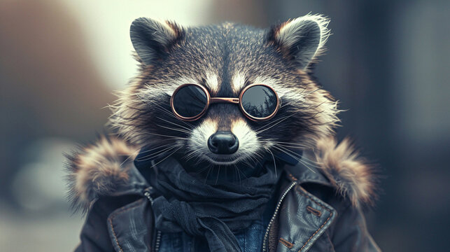 A raccoon wearing sunglasses and a leather jacket is looking at the camera