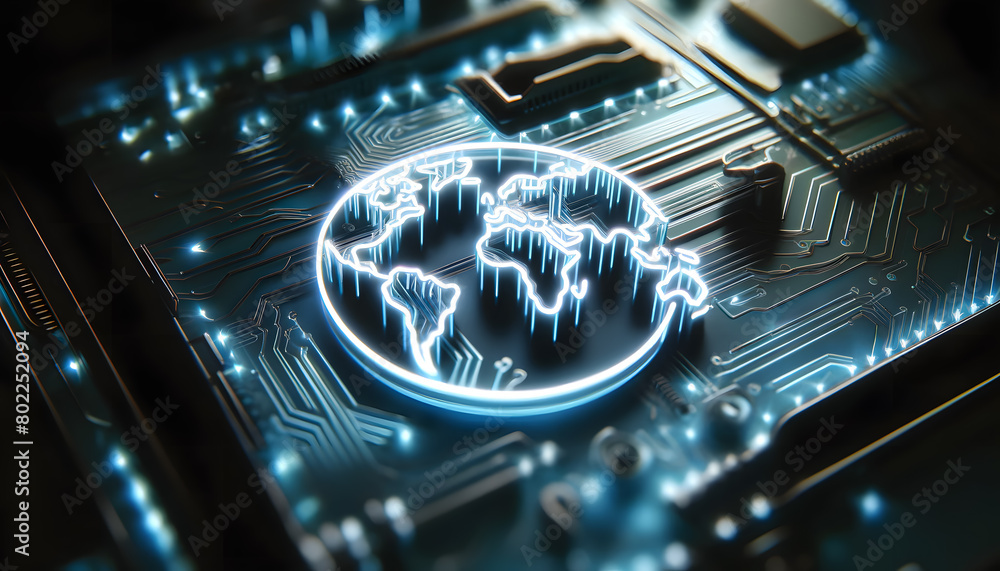 Poster a circuit board with an artistic representation of a world map, where the continents are highlighted