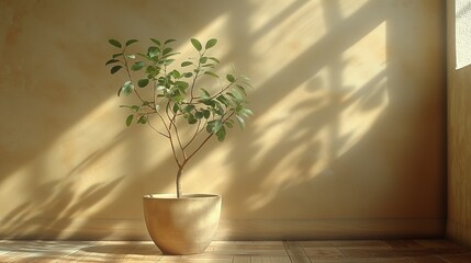 Background with small plant in front of taupe wall, dramatic lighting, AI-generative 