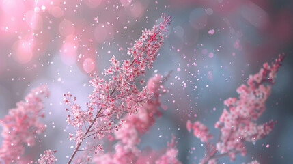 Blush pink particles cascading softly against a softly blurred background, painting the air with gentle romance.