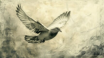 A grayscale painting of a pigeon in flight against a beige background.