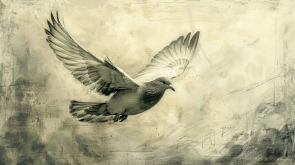 Naklejka premium A grayscale painting of a pigeon in flight against a beige background.
