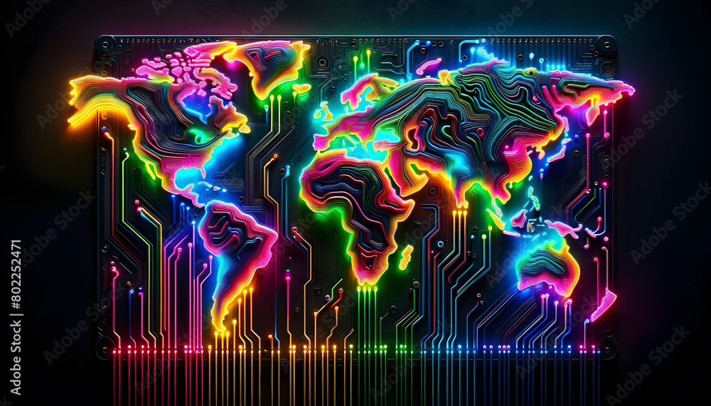 Poster a circuit board with an artistic representation of a world map, where the continents are highlighted